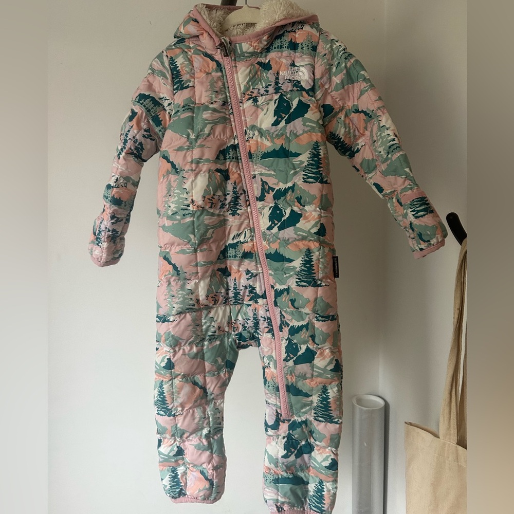North Face Pink and Green Hooded Snowsuit